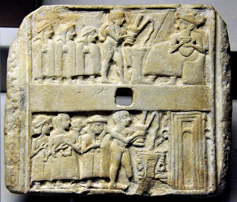 Wall_plaque_showing_libation_scene_from_Ur,_Iraq,_2500_BCE._British_Museum_(adjusted_for_perspective)