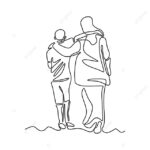 One line drawing of two person embrace vector minimalism. People togetherness and friendship metaphor concept.